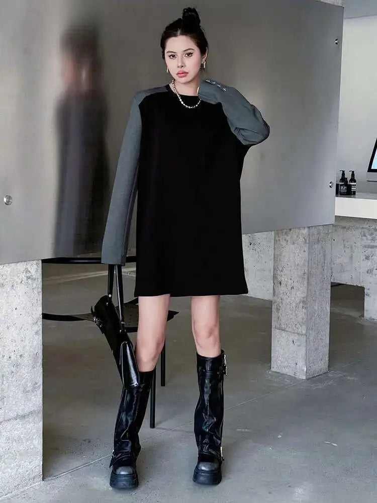 Women Black Color-block Blazer Fabric Elegant Mini Dress New Round Neck Long Sleeve Fashion Spring Autumn 2025 1DH9822