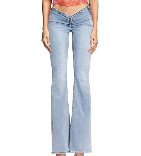 Casual Minimalist Jeans For Women High Waist Full Length Patchwork Folds Solid Flare Pant Female Fashion Clothing