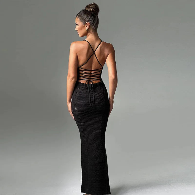 Hollow Out Backless Knit Dress For Women Spaghetti Strap Bandage Sleeveless Bodycon Club Party Sexy Long Dress Elegant