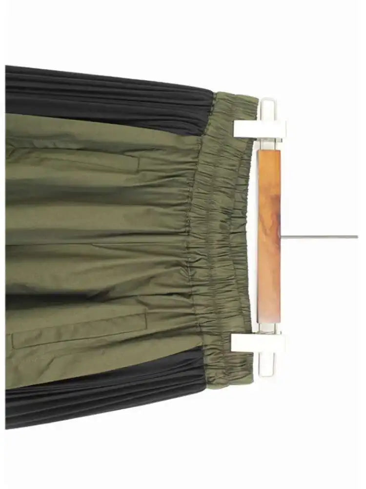High Elastic Waist Green Pleated Color-block Long Wide Leg Pants New Trousers Women Fashion Spring Autumn 2025 1DJ0126