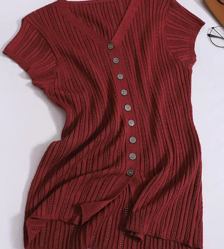 Women Solid Single Breasted Slim Hollow Out Knitted T-shirt Summer Short Sleeve V-neck Cardigan Tops 2024 Versatile Fashion New