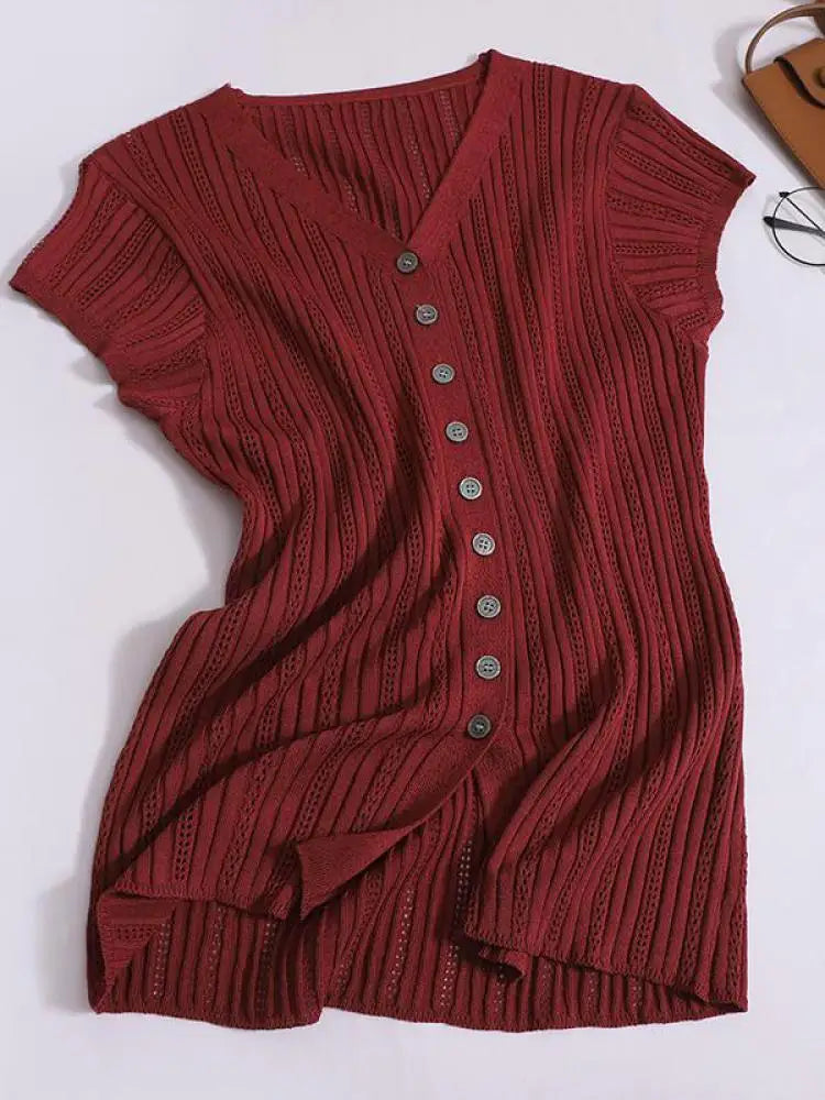 Women Solid Single Breasted Slim Hollow Out Knitted T-shirt Summer Short Sleeve V-neck Cardigan Tops 2024 Versatile Fashion New