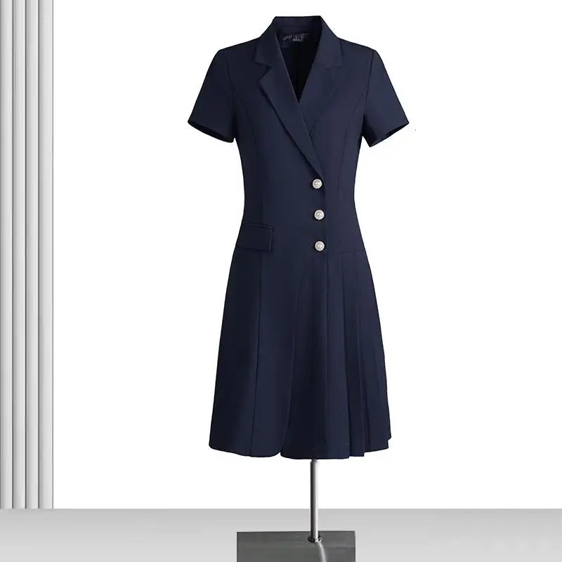 Korean Solid Office Professional Workwear Blazer Dress For Women 2024 Summer Short-sleeve Single Breasted Festival Pleated Dress