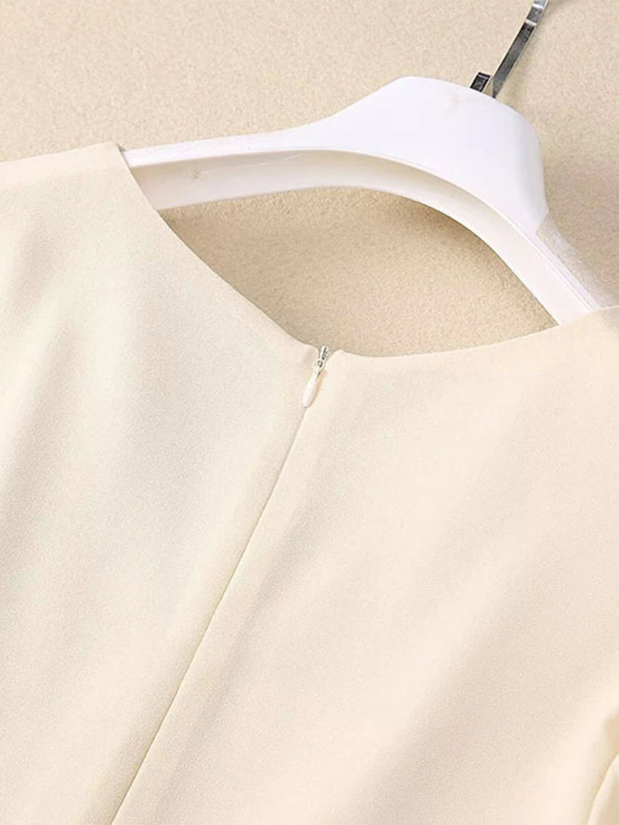 Solid Spliced Folds Slimming Dresses For Women V Neck Short Sleeve High Waist Temperament Long Dress Female Fashion