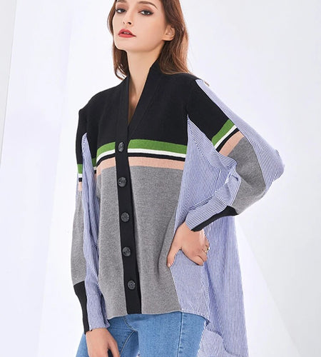 Hit Color Striped Shirts For Women V Neck Lantern Sleeve Streetwear Autumn Blouse Female Fashion Clothing