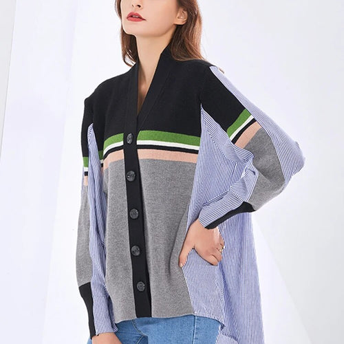 Load image into Gallery viewer, Hit Color Striped Shirts For Women V Neck Lantern Sleeve Streetwear Autumn Blouse Female Fashion Clothing
