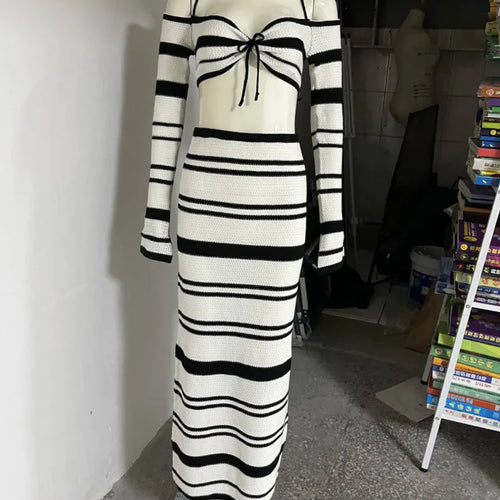 Load image into Gallery viewer, Striped Knit Skirt Two Piece Sets Women Strapless Long Sleeve Crop Tops And Maxi Skirt Sexy Two Piece Sets Knitwear
