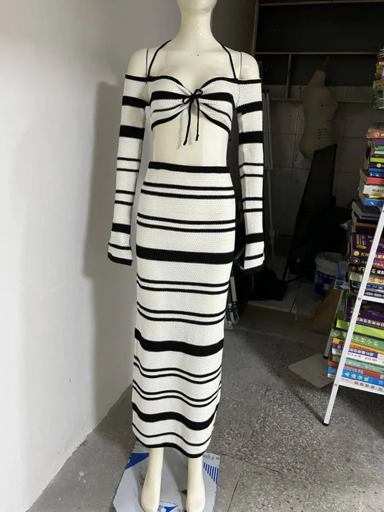 Striped Knit Skirt Two Piece Sets Women Strapless Long Sleeve Crop Tops And Maxi Skirt Sexy Two Piece Sets Knitwear