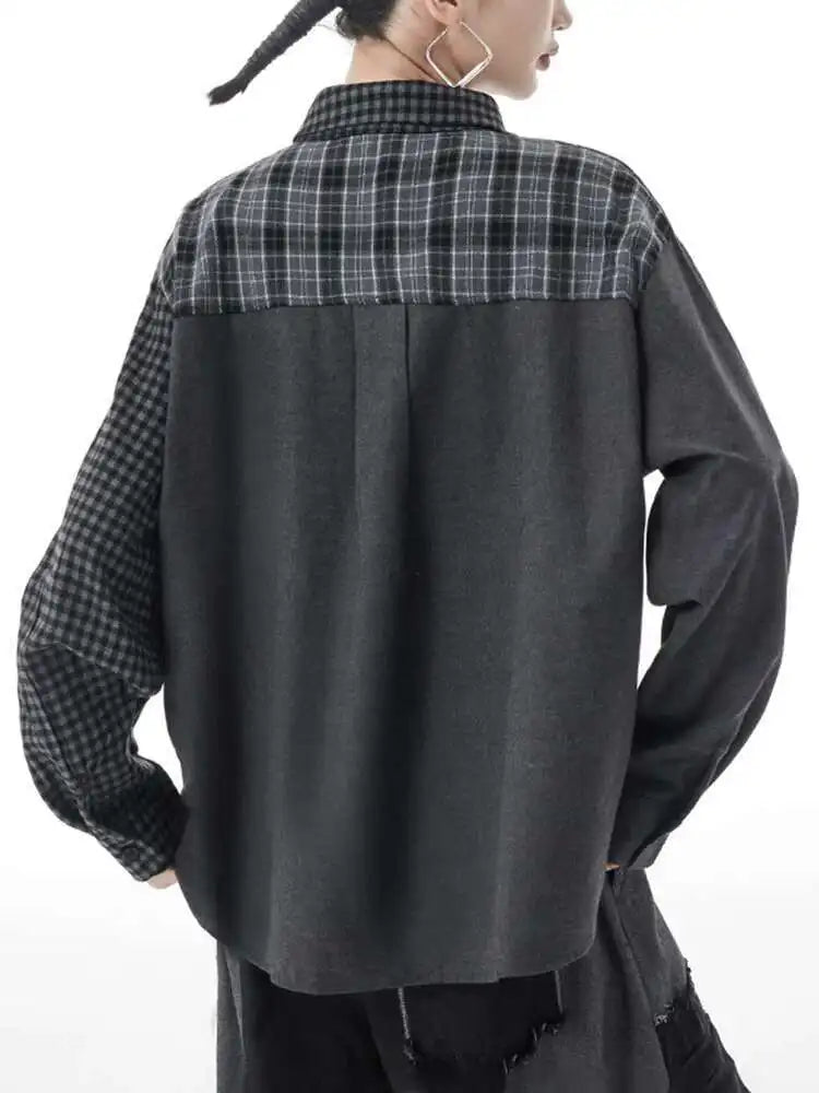 Women Color-block Black Plaid Big Size Blouse New Lapel Long Sleeve Loose Shirt Fashion Tide Spring Autumn 2025 1DH3220