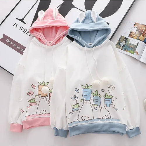 Load image into Gallery viewer, Kawaii Women Hoodies Winter Long Sleeve Drawstring Fleece Hooded Sweatshirt Female Harajuku Rabbit Print Pullover Top
