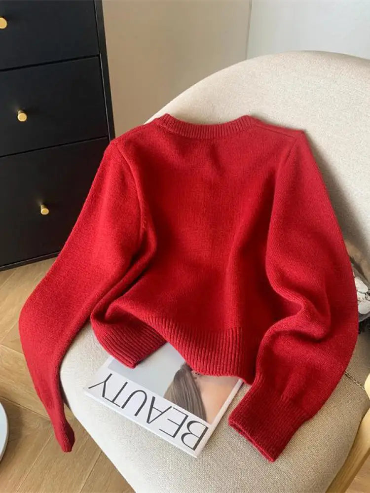 Autumn Winter Sweet Retro Red Bow Pearl Button Knit Cardigan Tops French Fashion Women White Single Breasted Long Sleeve Sweater