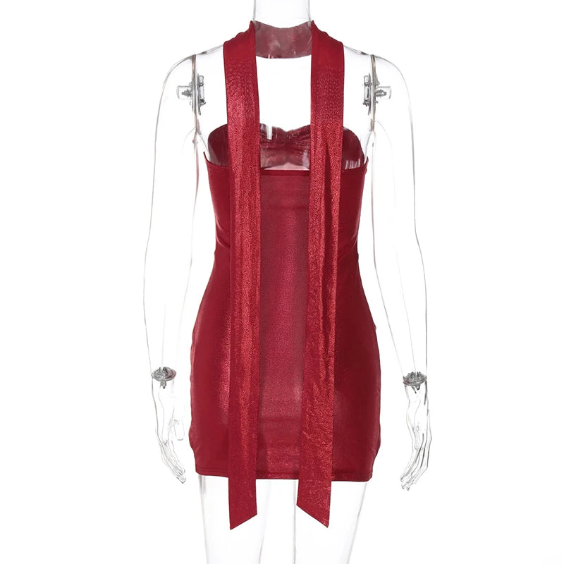 Halter Strapless Ruched Sexy Mini Dress For Women Robe Fashion Solid Off-shoulder Backless Sleeveless Club Dress New