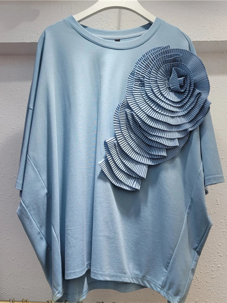 Women Rose Red Three-dimensional Flower Big Size T-shirt New Round Neck Short Sleeve Fashion Spring Summer 2025 1DH9985