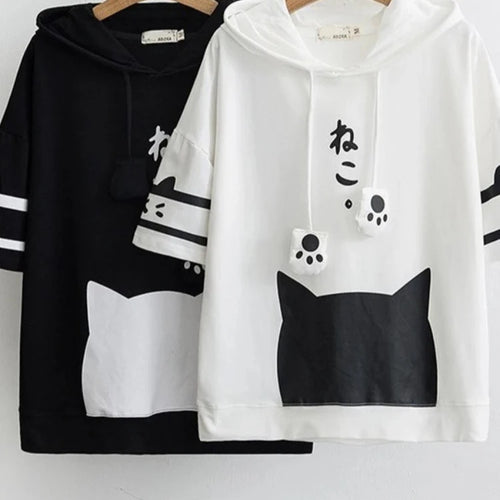 Load image into Gallery viewer, T Shirt Women Harajuku Japan Style Kawaii Cat Tshirt White Hooded Short Sleeve Cotton Girls Tumblr Friends Tshirts
