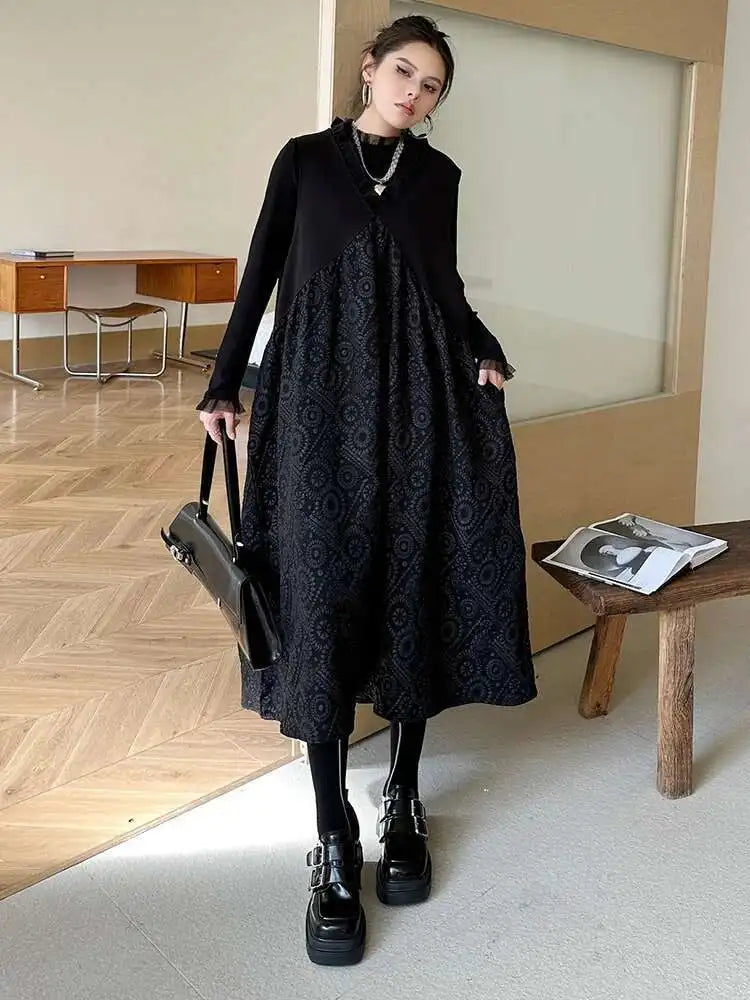 Women Black Pattern Textured Big Size  Long Vest Dress New V-Neck Sleeveless Fashion Tide Spring Autumn 2025 1DH844101