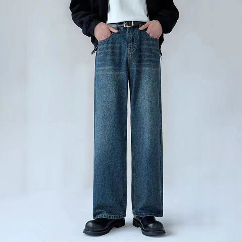 Men's Jeans New American High Street Washed Denim Pants Male Loose Solid Color Casual Fanshion Straight Leg Trousers 9W1428