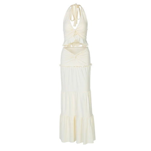 Load image into Gallery viewer, Sexy Sleeveless Skirt Two Pieces Sets For Women V-neck Hollow Out Crop Tops And Long Skirt Patchwork Two Pieces Sets
