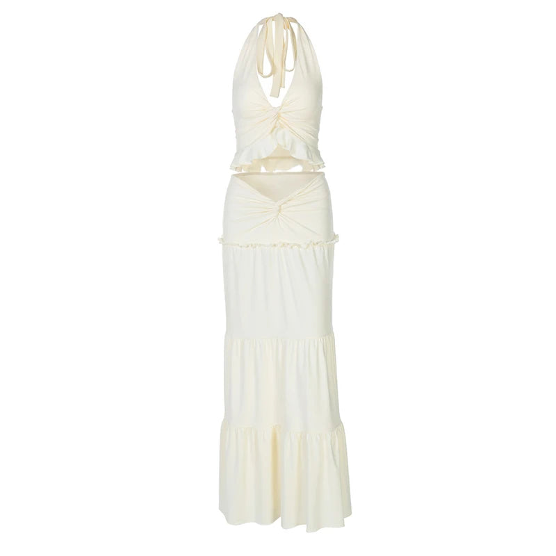 Sexy Sleeveless Skirt Two Pieces Sets For Women V-neck Hollow Out Crop Tops And Long Skirt Patchwork Two Pieces Sets