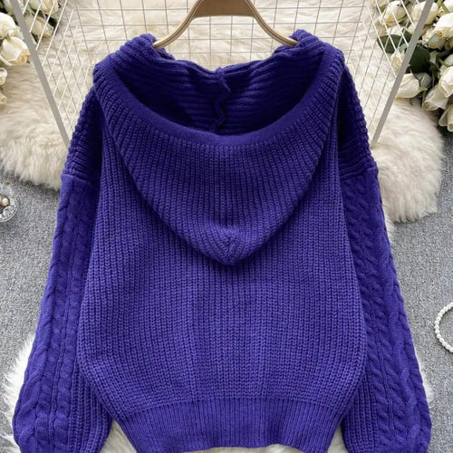 Load image into Gallery viewer, Korean Women Black Twists Hooded Knitted Sweater Fashion Blue Loose Long Sleeve Lady Green Pullovers Tops Casual Autumn Winter
