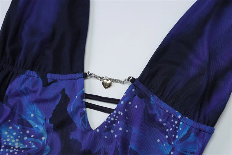 Deep V Neck Print Sexy Maxi Dress Women Gown Blue Halter Sleeveless Backless High Waist Split Long Dress Clubwear