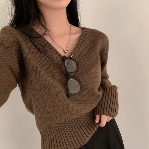 Load image into Gallery viewer, Casual Brown Basic Autumn Sweater Women Knitwear Korean Fashion Solid Pullover Harajuku Jumpers All-Match Preppy Cute
