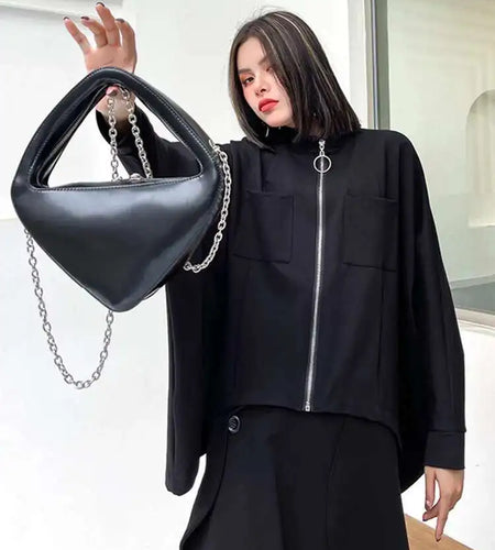 Loose Fit Black Big Size Casual Jacket New Stand Collar Long Batwing Sleeve Women Coat Fashion Spring Autumn 2025 1DF0668