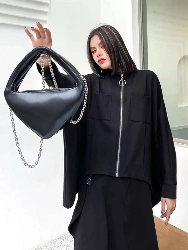 Loose Fit Black Big Size Casual Jacket New Stand Collar Long Batwing Sleeve Women Coat Fashion Spring Autumn 2025 1DF0668