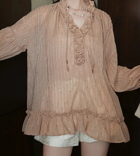 Solid Spliced Bright Silk Casual Blouses for Women V Neck Long Sleeves Patchwork Folds Elegant Blouse Female New