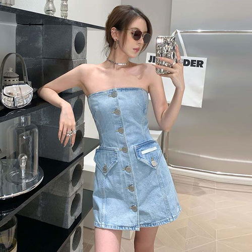 Load image into Gallery viewer, Denim Solid Dresses For Women Strapless Sleeveless Spliced Button Slim Summer Dress Female Fashion Style Clothing
