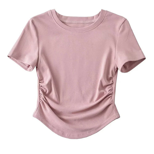 Load image into Gallery viewer, 2024 Harajuku Women Crew Neck Short Sleeve Cotton Tee With Ruched Sides Detail T-shirts
