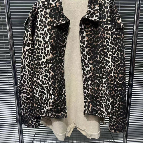 Load image into Gallery viewer, Hit Color Leopard Spliced Zipper Casual Jackets for Women Lapel Long Sleeves Patchwork Pocket Fashion Jacket Female
