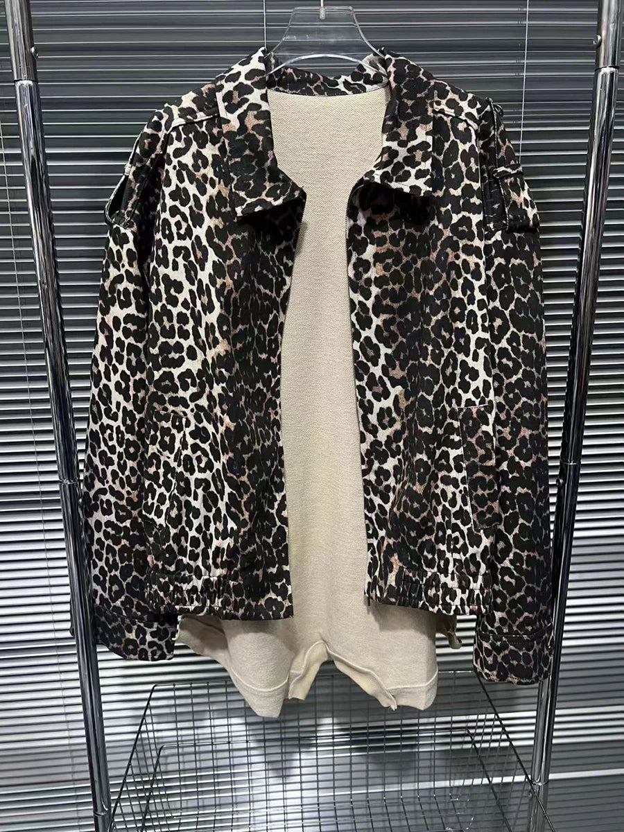 Hit Color Leopard Spliced Zipper Casual Jackets for Women Lapel Long Sleeves Patchwork Pocket Fashion Jacket Female