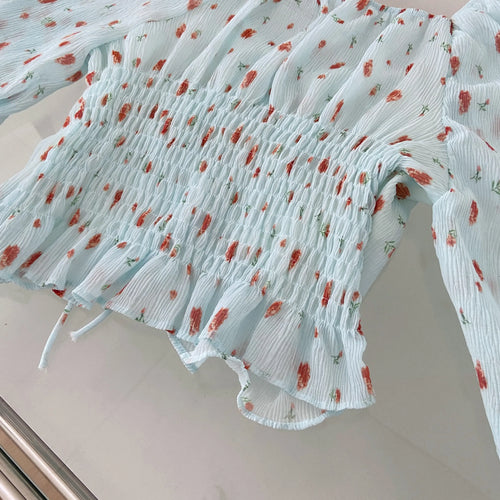 Load image into Gallery viewer, French Vintage Women's Blue Strawberry Print Blouse Spring Autumn Flared Long Sleeves Square Neck Ladies Lace-up Short Shirt New
