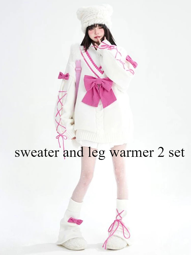 2025 Sweet Contrast Color Grunge Sweaters Fashion All Match Streetwear Bandage Pullover Y2k Aesthetic Loose Bow Jumpers Women