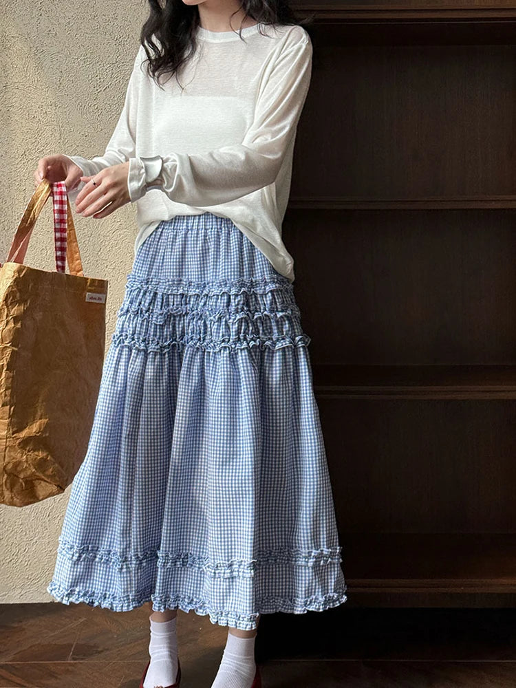 High Elastic Waist Blue Plaid Ruffles Elegant A-line Half-body Skirt Women Fashion Tide New Spring Autumn 2025 1DJ1023