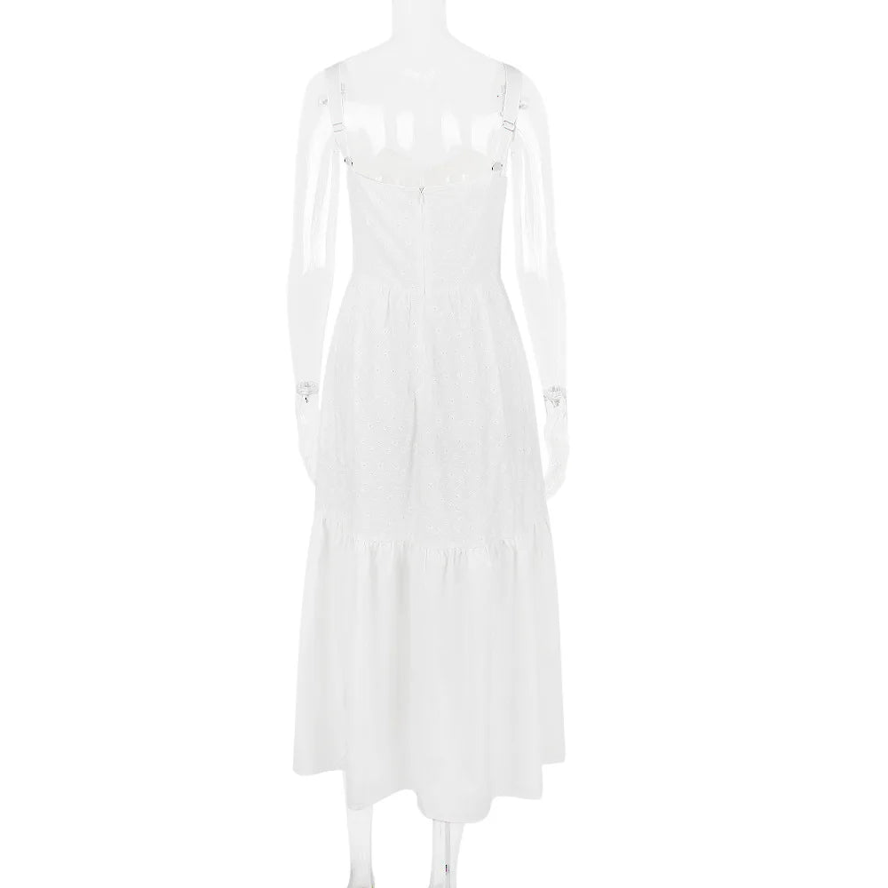 Elegant White Spaghetti Strap Midi Dress For Women Fashion Strapless Sleeveless Backless A-line Club Party Dress