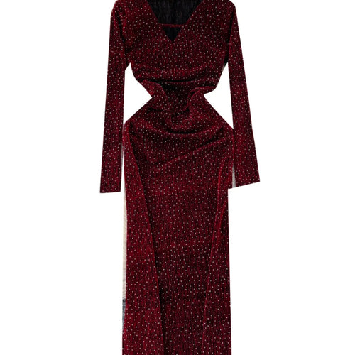 Load image into Gallery viewer, Autumn Women Fashion 2024 New Black Red Diamonds Elegant V Neck Long Sleeve Slim Evening Party Dress Gold Hollow Out Dress Robe
