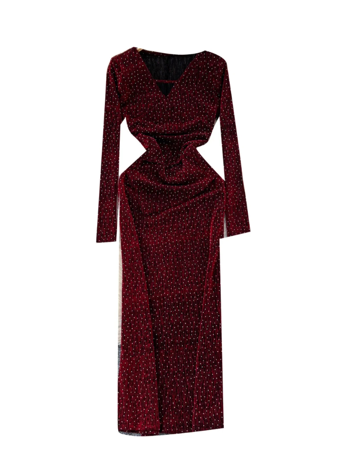 Autumn Women Fashion 2024 New Black Red Diamonds Elegant V Neck Long Sleeve Slim Evening Party Dress Gold Hollow Out Dress Robe