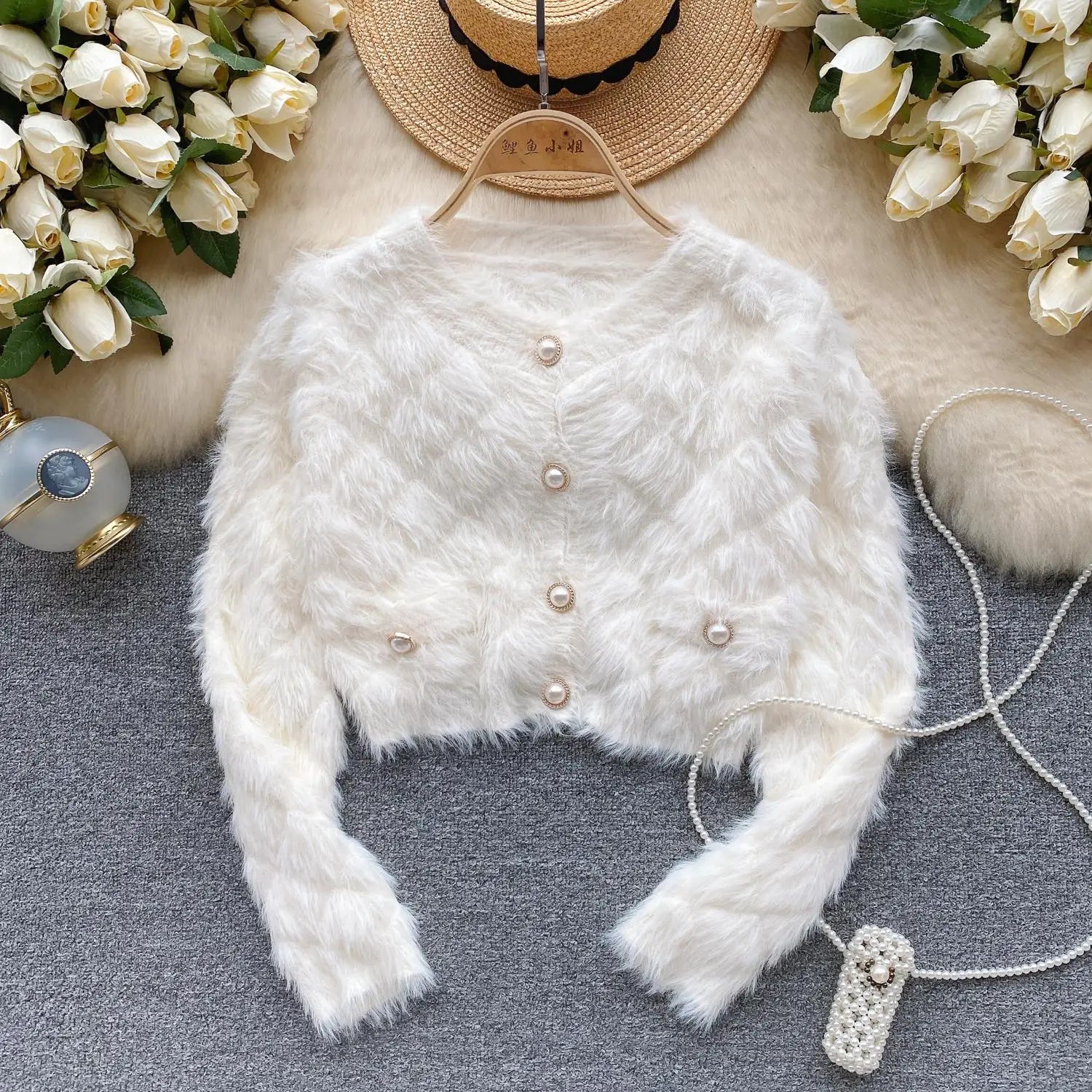 Female Women Fall Winter Solid Plush Mink Knitted Cardigan Sweater V-neck Long Sleeves Loose Single Breasted Jacket French Retro