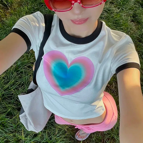 Load image into Gallery viewer, Y2k Aesthetics Tops Grunge Gradient Love Print T-shirt 2000s Fairycore Patchwork Tshirt Japanese Harajuku Crop Top 00s
