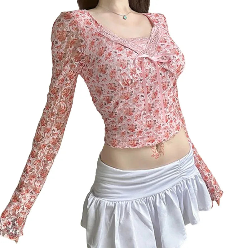 y2k Coquette Top Women Fall Clothes Floral Print V Neck Lace Patchwork Long Sleeve T Shirt 2000s Aesthetic Clothing