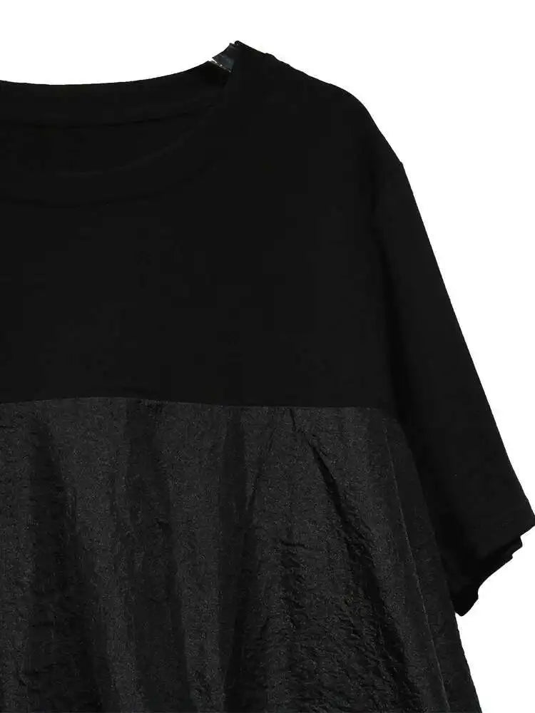 Women Black Drawstring Pocket Big Size Midi Dress New Round Neck Shhort Sleeve Fashion Tide Spring Summer 2025 1DJ0773