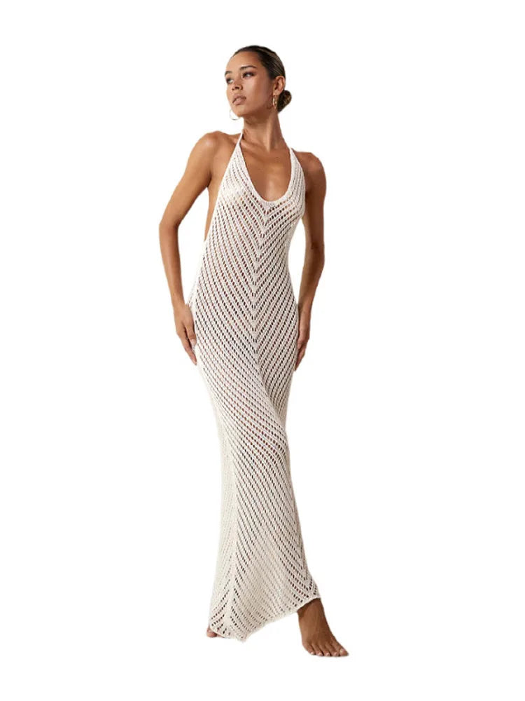 Sexy Hanging Neck Bodycon Knitted Backless Dress Women Perspective Slimming Party Club Vestido Beach Vacation Clothing