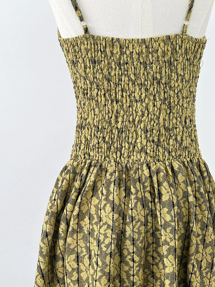 Women Green Printed Bandage Long Spaghetti Strap Dress New V-Neck Sleeveless Fashion Tide Spring Summer 2025 1DJ1311