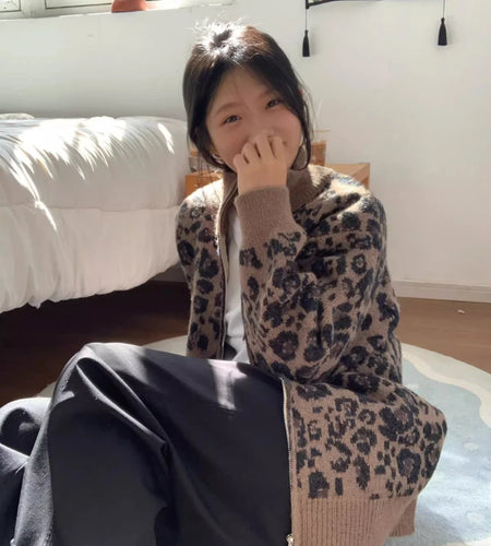 Y2k Aesthetic Leopard Print Casual Cardigans 2025 Women Vintage Stand Neck Knitwear Tops Harajuku Loose Grunge Patchwork Sweater