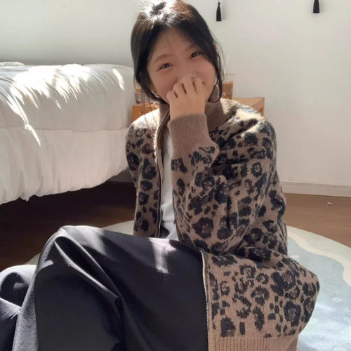 Load image into Gallery viewer, Y2k Aesthetic Leopard Print Casual Cardigans 2025 Women Vintage Stand Neck Knitwear Tops Harajuku Loose Grunge Patchwork Sweater
