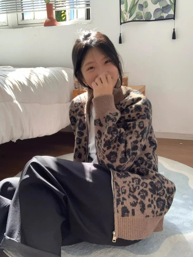 Y2k Aesthetic Leopard Print Casual Cardigans 2025 Women Vintage Stand Neck Knitwear Tops Harajuku Loose Grunge Patchwork Sweater
