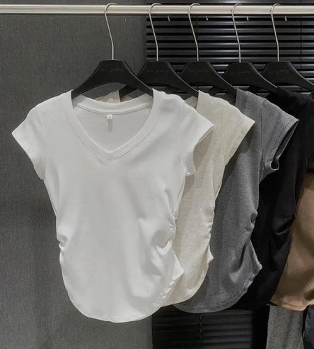 Summer Solid V Neck Pullover Irregular Pleated T Shirt Women Short Sleeved Holiday Tops 2024 Korean Fashion Simplicity Clothing