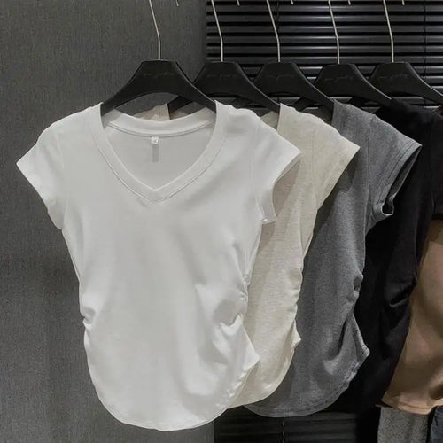 Load image into Gallery viewer, Summer Solid V Neck Pullover Irregular Pleated T Shirt Women Short Sleeved Holiday Tops 2024 Korean Fashion Simplicity Clothing
