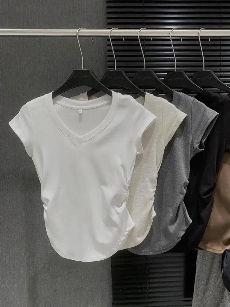 Summer Solid V Neck Pullover Irregular Pleated T Shirt Women Short Sleeved Holiday Tops 2024 Korean Fashion Simplicity Clothing